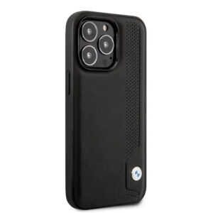 BMW Signature Collection BMHCP14X22RBDK Echtlederhülle mit Hot Stamp Line & Blue Dots, für iPhone 14 Pro Max-Schwarz