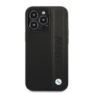 BMW BMHCP14X22RDPK Signature Collection Echtleder-Hülle mit Textured & Big Logo Stripe, für iPhone 14 Pro Max-Schwarz