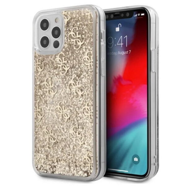 Guess Hardcase Liquid Glitter 4G Gold für iPhone 12 Pro Max Schutz-hülle HYBRID CASE