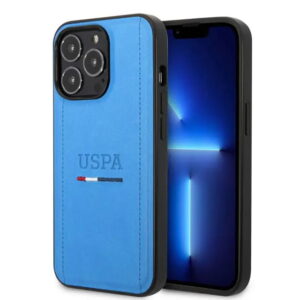 USPA USHCP14XPINB- PU-Lederhülle mit dreifarbigen Nähten & Initialen für iPhone 14 Pro Max-Blau