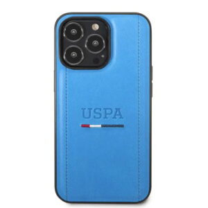 USPA USHCP14XPINB- PU-Lederhülle mit dreifarbigen Nähten & Initialen für iPhone 14 Pro Max-Blau