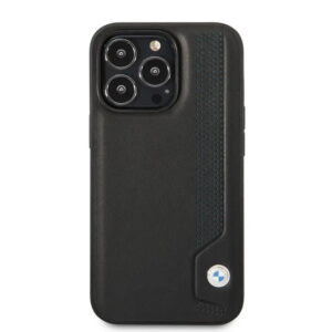 BMW Signature Collection BMHCP14X22RBDK Echtlederhülle mit Hot Stamp Line & Blue Dots, für iPhone 14 Pro Max-Schwarz