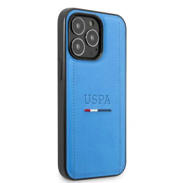 USPA USHCP14XPINB- PU-Lederhülle mit dreifarbigen Nähten & Initialen für iPhone 14 Pro Max-Blau