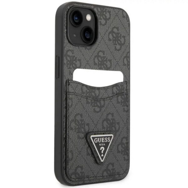 Guess-PU-4G-Huelle-mit-Double-Cardslot-Triangle-Metalllogo-iPhone-14-Plus-Schwarz