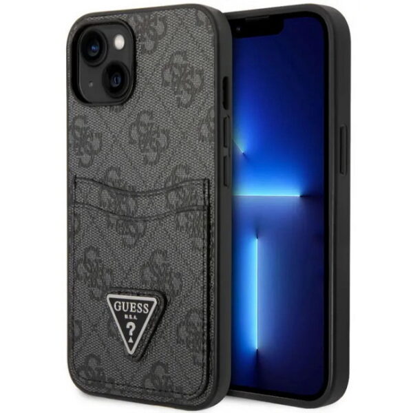 Guess-PU-4G-Huelle-mit-Double-Cardslot-Triangle-Metalllogo-iPhone-14-Plus-Schwarz