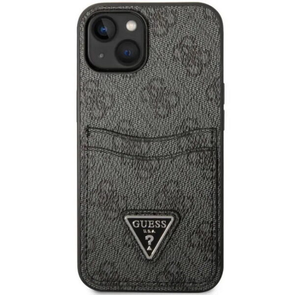 Guess-PU-4G-Huelle-mit-Double-Cardslot-Triangle-Metalllogo-iPhone-14-Plus-Schwarz