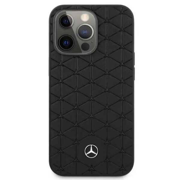 Mercedes-Benz-Genuine-Leather-Hard-Case-Quilted-Mini-Stars-Pattern-Embossed-Lines-Metal-Star-Logo-iPhone-13-Pro-Schwarz